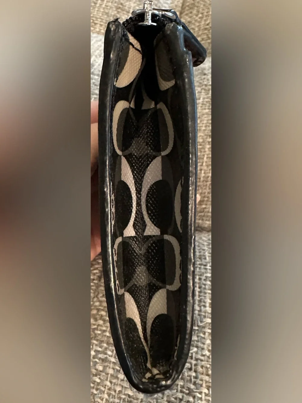Coach Op Art Signature Zip Card Case Mini Skinny ID Wallet Black Gray White EUC